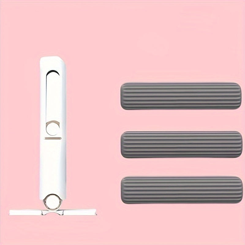 Mini portable self-wringing mop with 4 synthetic fiber heads for cleaning surfaces and windows