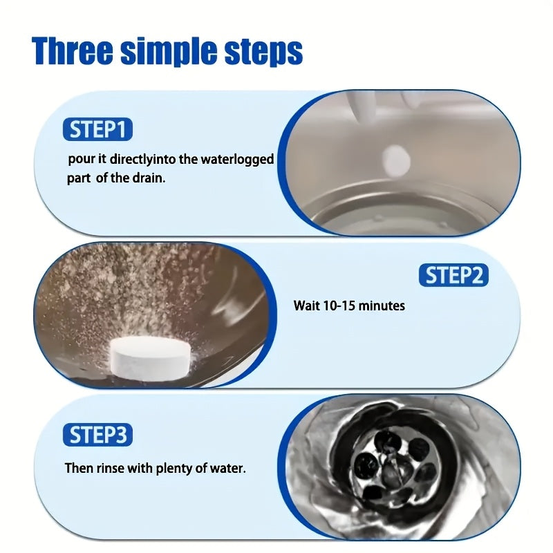 Effervescent tablets for unclogging drains. No tools required, instant action. Effectively dissolves various pipe blockages. Suitable for grease drains, bathrooms, and floors. Home solution