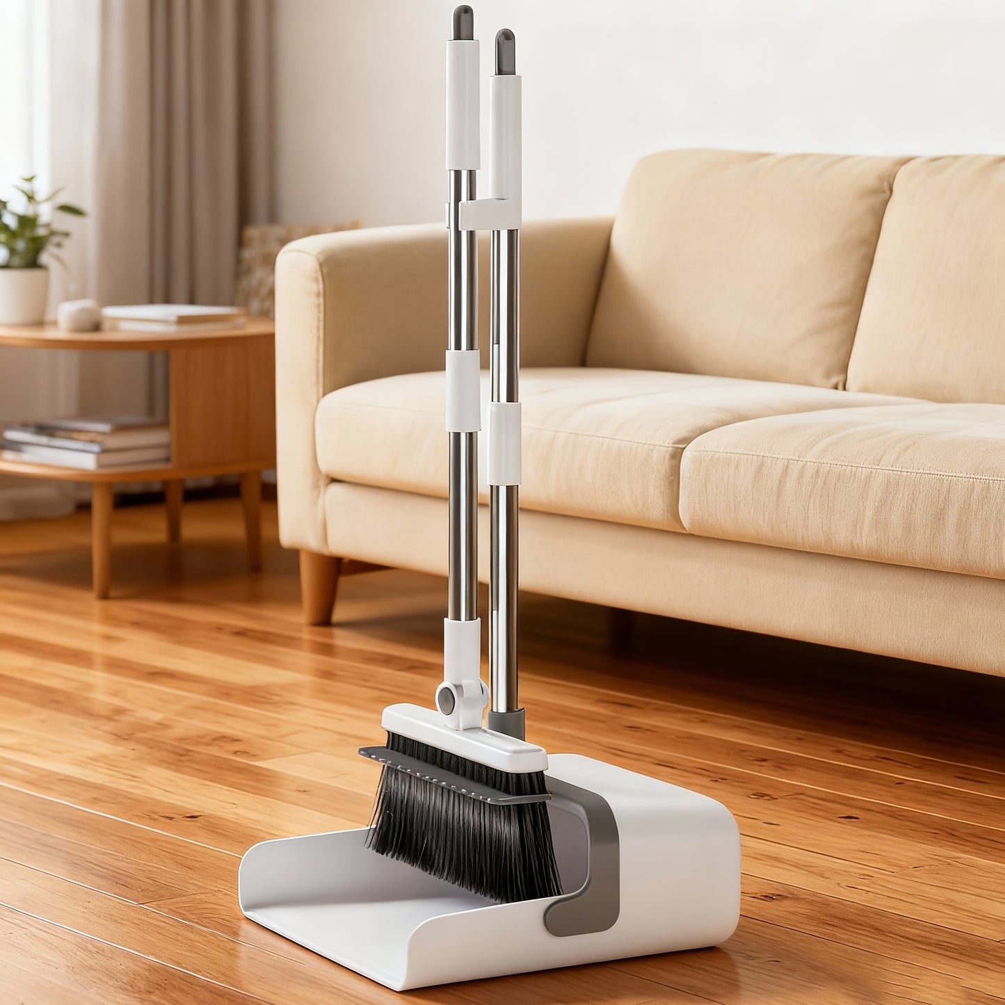 Folding broom and dustpan set with 180-degree rotating head and long handle