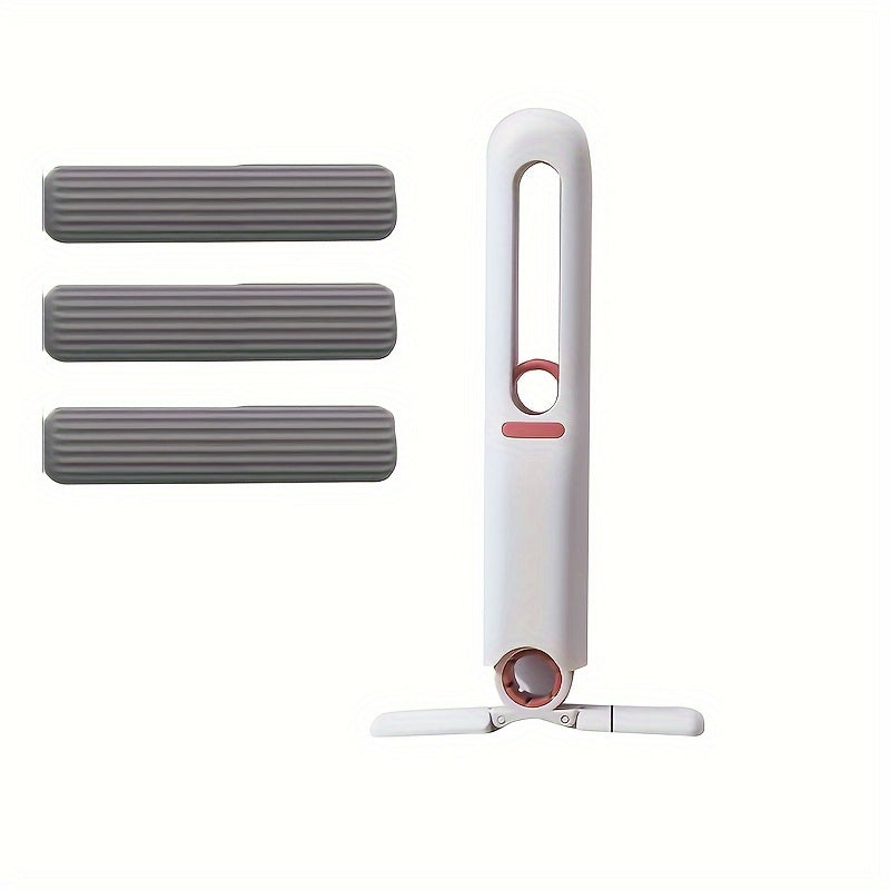 Mini portable self-wringing mop with 4 synthetic fiber heads for cleaning surfaces and windows