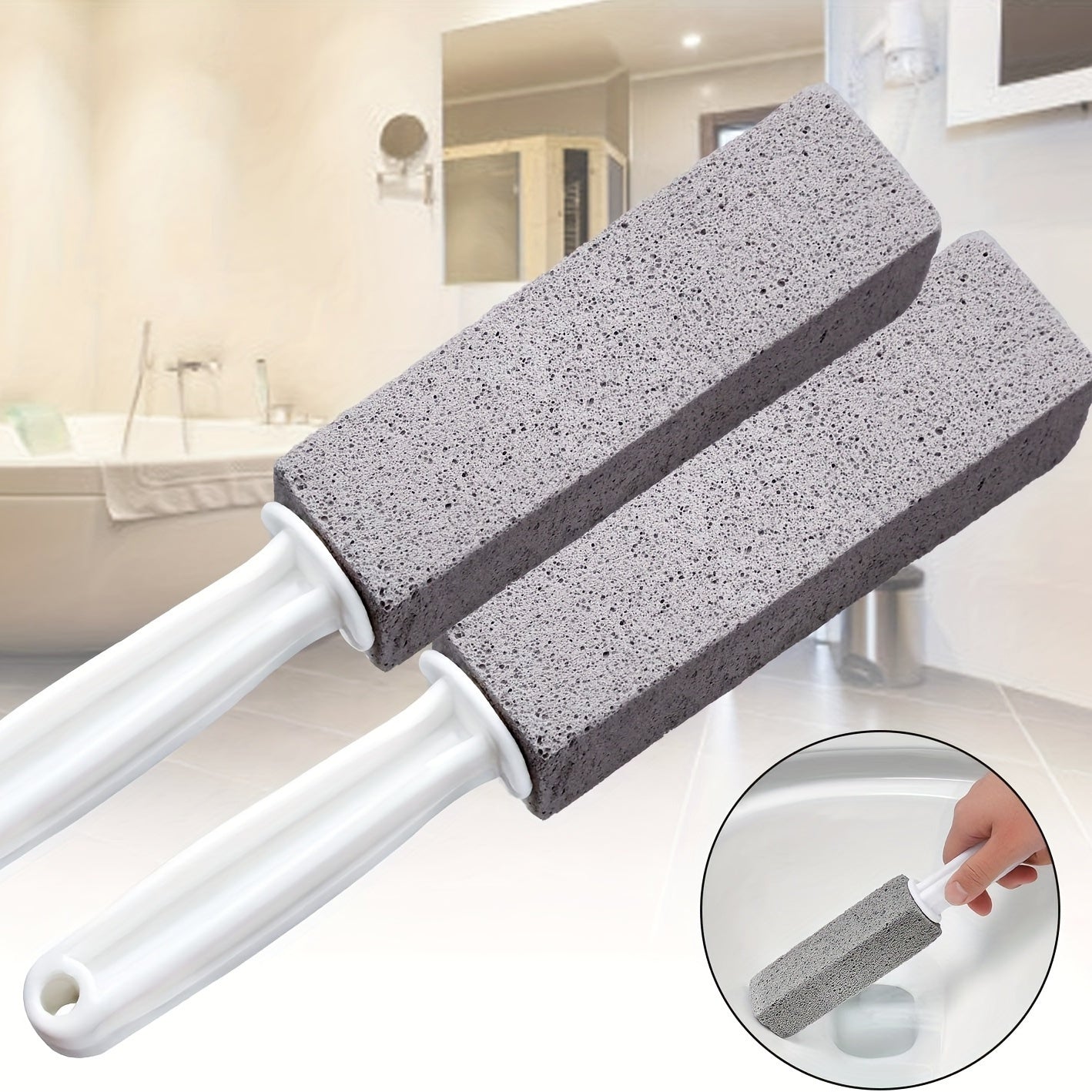 Pumice stone for toilet cleaning with ergonomic handle removes limescale and hard water stains