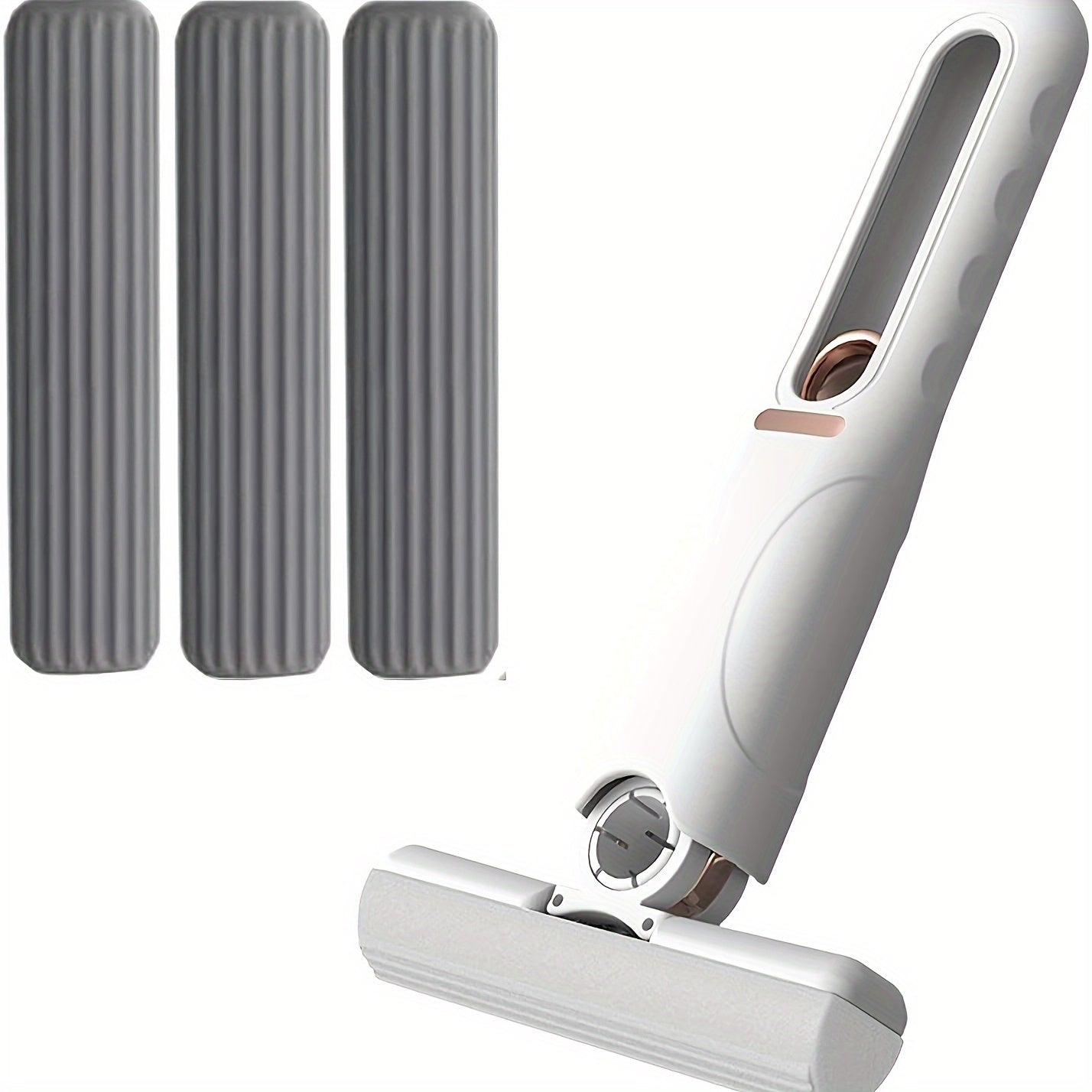 Mini portable self-wringing mop with 4 synthetic fiber heads for cleaning surfaces and windows