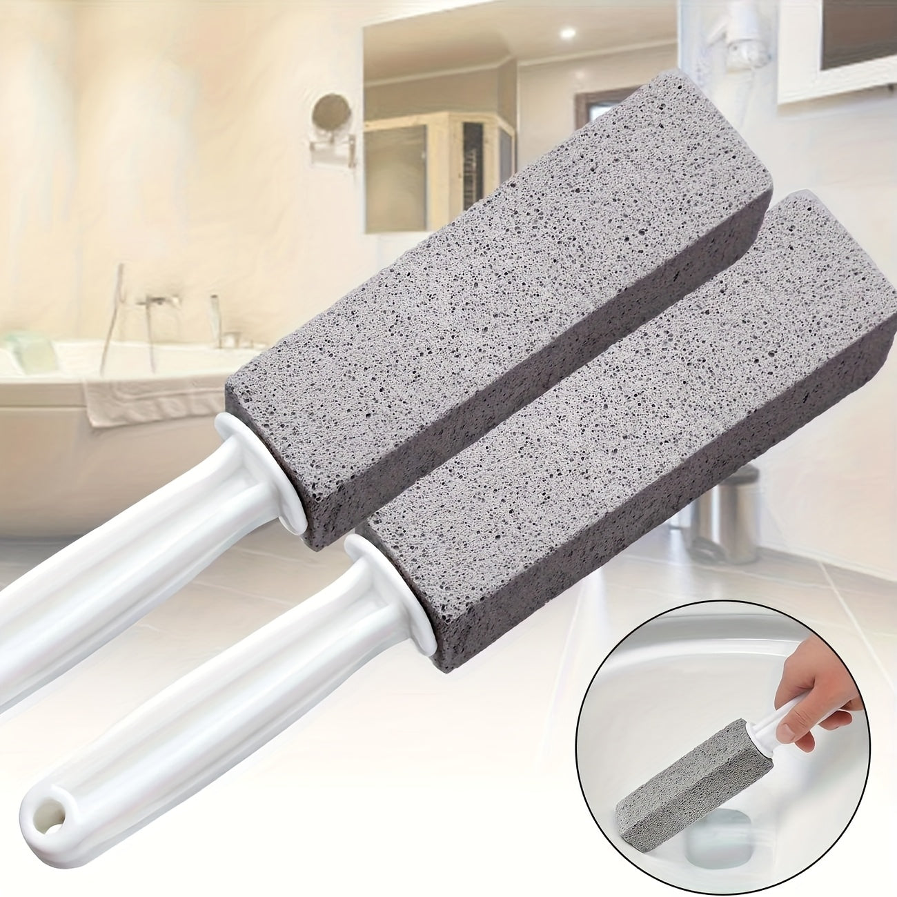 Pumice stone for toilet cleaning with ergonomic handle removes limescale and hard water stains